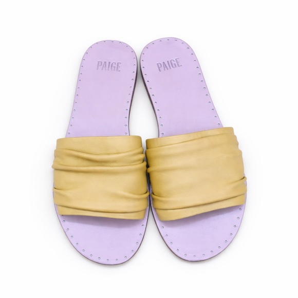 PAIGE Emilia Leather Slide Sandals Mustard Yellow Ruched Band Womens 8.5 US - Picture 3 of 13